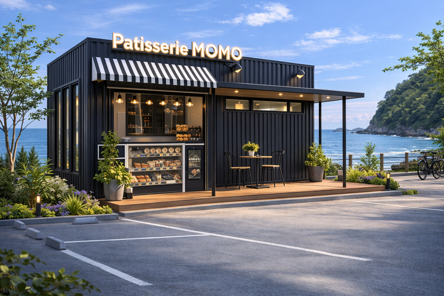 Patisserie MOMO storefront by the sea: black building, striped awning, pastry display, and small outdoor seating table and chairs.