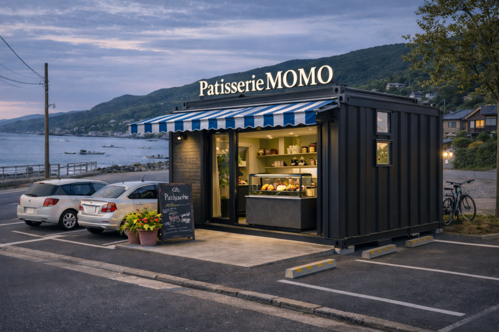 18c6ffbf-c7e3-463d-9628-a959d78397bc - あなたがデザインする新しい建築のかたち Container patisserie by the sea with a blue-and-white striped awning, pastries shown in a glass case and cars parked outside