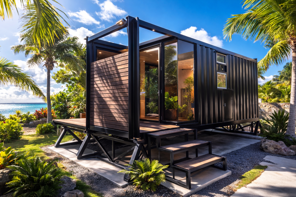 1fe69041-0589-4bce-aca8-4f0eb192dacb - あなたがデザインする新しい建築のかたち Modern black modular house on stilts with wooden deck, tropical landscaping, and beachfront backdrop under a blue sky.