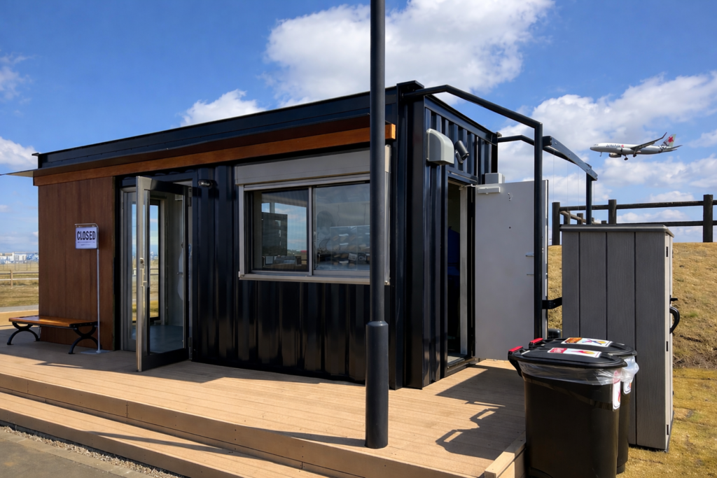 Black metal kiosk on a wooden deck with a'CLOSED' sign and an open door, bench to the left outside.