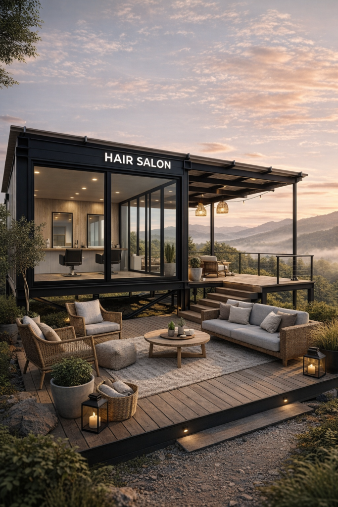 38e24bb2-40a3-4137-80ee-81e1db717ef5 - あなたがデザインする新しい建築のかたち Modern hair salon with glass walls on a raised deck, overlooking mountains, and an outdoor seating area with wicker furniture and candles.