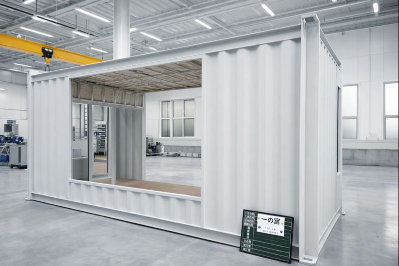 White modular container room inside a large factory, open side wall shows interior framing and wood floor. Visuals include a yellow overhead crane.