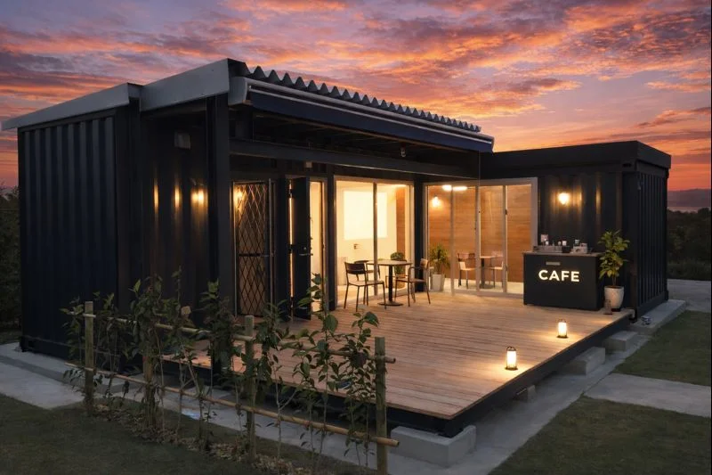 Modern black shipping-container cafe on a wooden deck at sunset, warm lights inside, outdoor seating visible through glass doors.