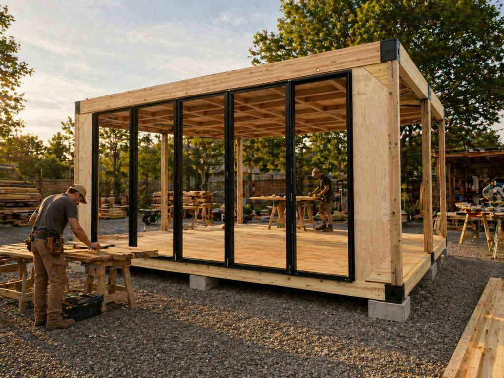 A partially built wooden structure with black-framed glass panels, outdoors on a gravel lot; two workers cut lumber.