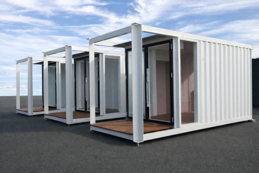 7D728266-5A09-46A8-A3C3-A8203ED61B6B - あなたがデザインする新しい建築のかたち Row of white modular container units with glass doors and wooden decks on a paved surface under a blue sky, forming compact modular homes.