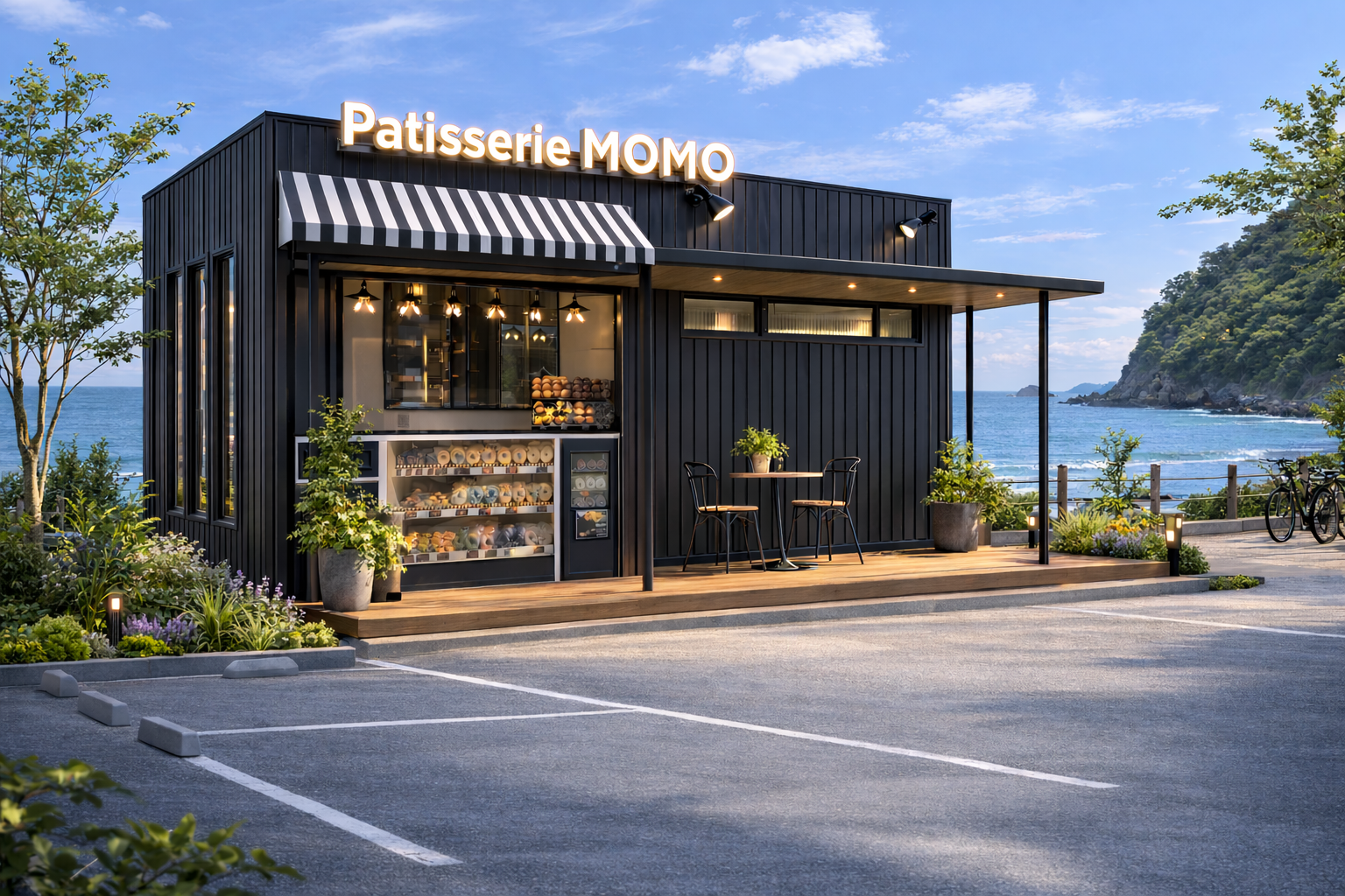 Black modern patisserie by the sea with a striped awning, glass display of pastries, and outdoor seating overlooking the water.