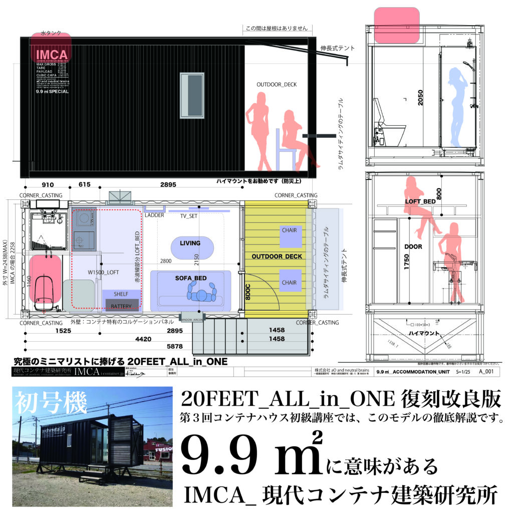 ALL_in_one_9.9 - あなたがデザインする新しい建築のかたち Composite image: architectural blueprint layout of a modular unit with a dark exterior, plus a bottom-left photo of a small modern building exterior with Japanese text and measurements.