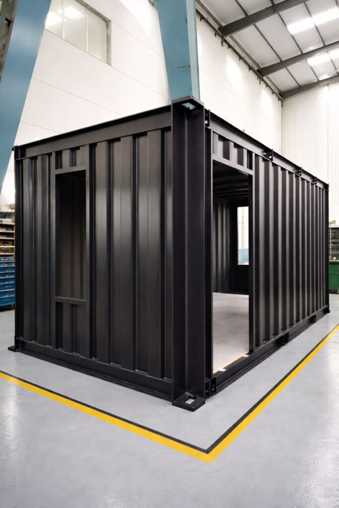 ChatGPT Image 2026年1月6日 10_48_13 - あなたがデザインする新しい建築のかたち Black metal modular container structure with open doorways installed inside a spacious factory warehouse.