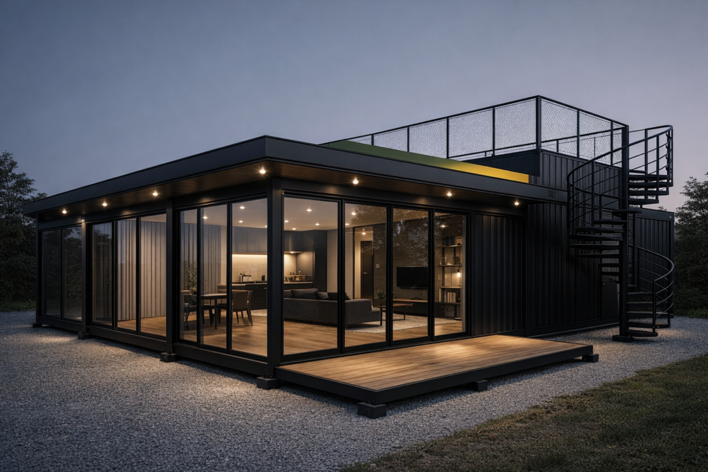 Modern black modular home with floor-to-ceiling glass walls, warm interior lighting, and a metal spiral staircase to a rooftop terrace at dusk.