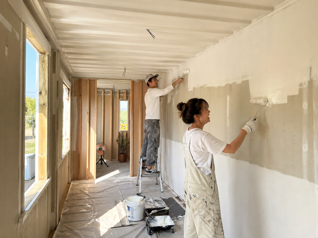 Two construction workers paint an interior wall, one on a step ladder and the other rolling paint along the wall.