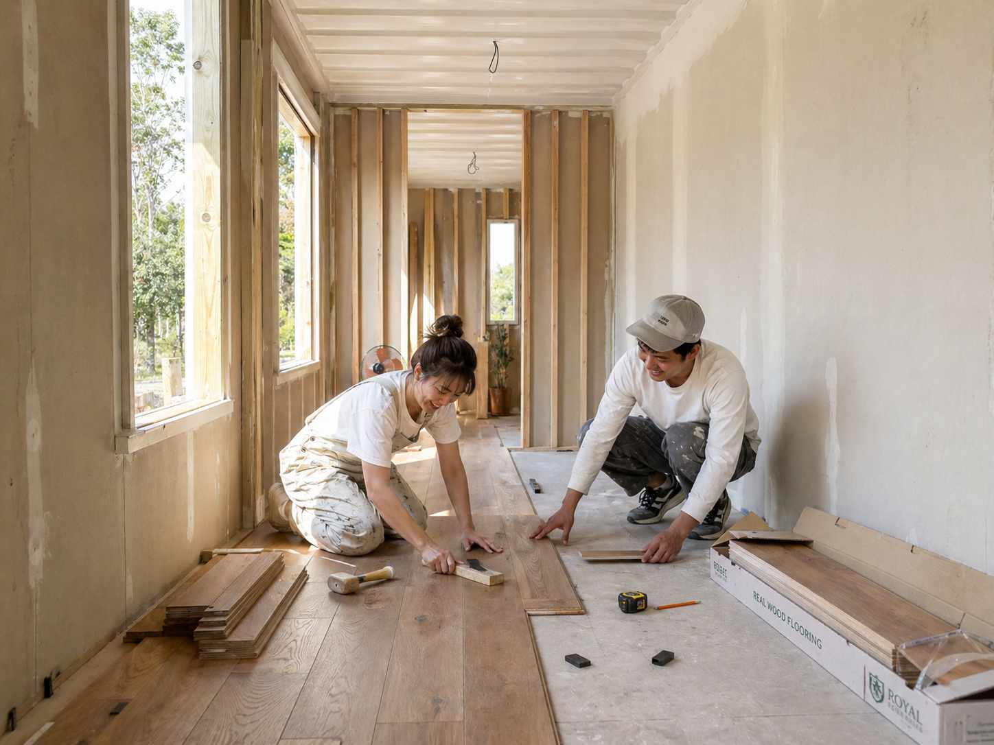 Two workers install wooden flooring in a sunlit room; a woman kneels laying planks while a man crouches nearby with tools and flooring boxes nearby.