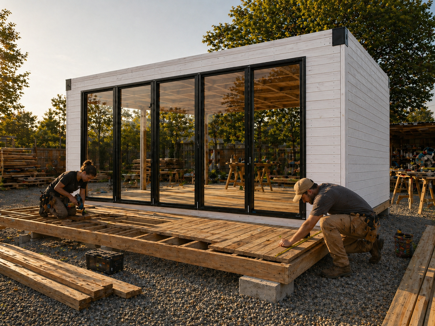 Two construction workers install a wooden deck in front of a modern, white, glass-walled structure outdoors.
