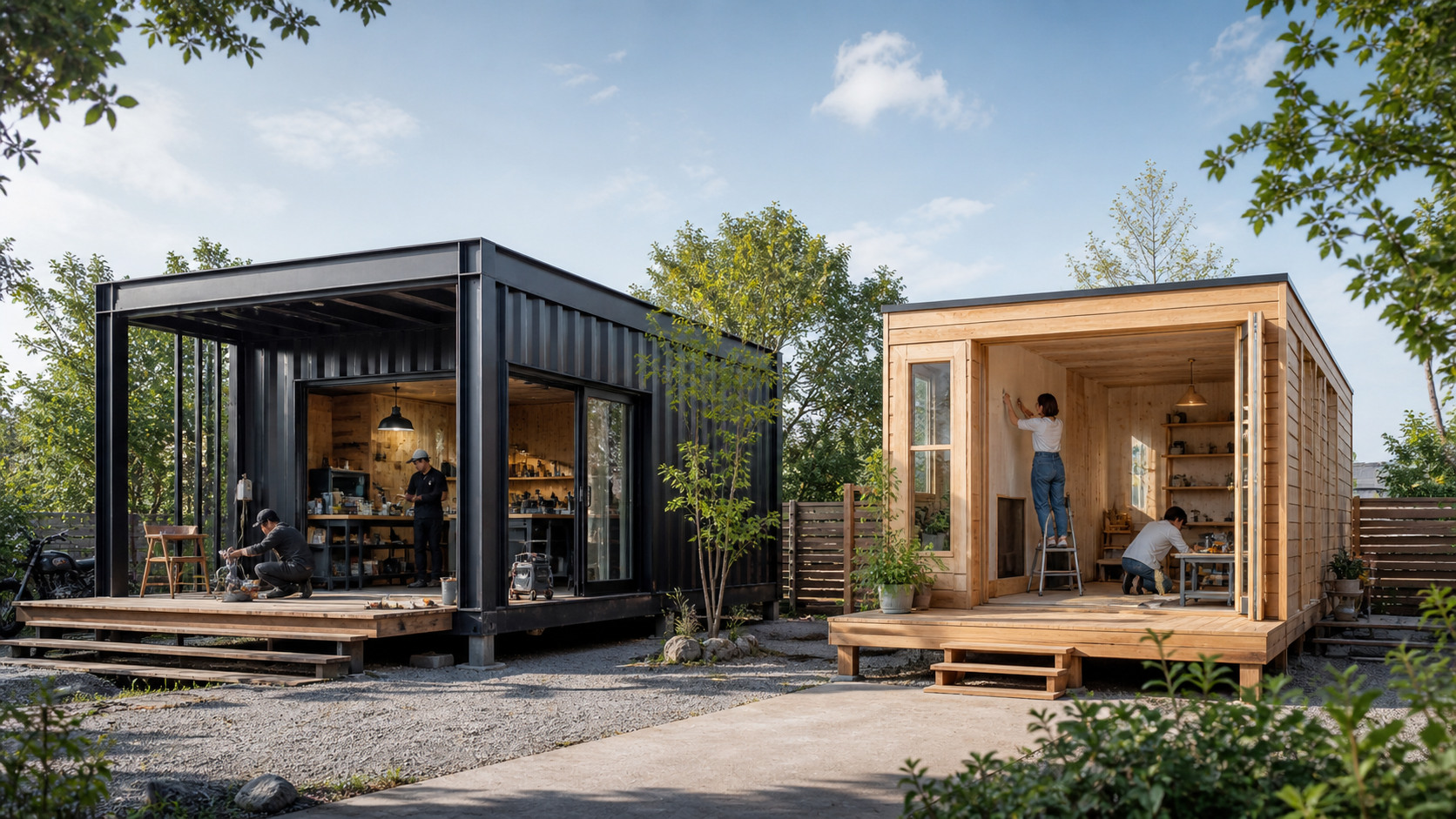 Two tiny houses outdoors: left is a black metal container workshop with people inside; right is a wooden cabin with a person on a ladder and another at a table nearby.