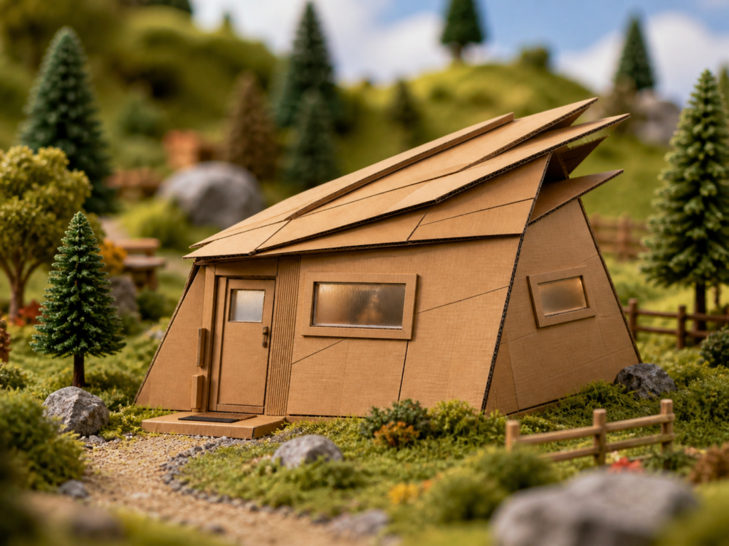 ChatGPT Image 2026年5月2日 09_22_08 - あなたがデザインする新しい建築のかたち Cardboard miniature house with angled roof in a garden-like landscape with trees and rocks nearby