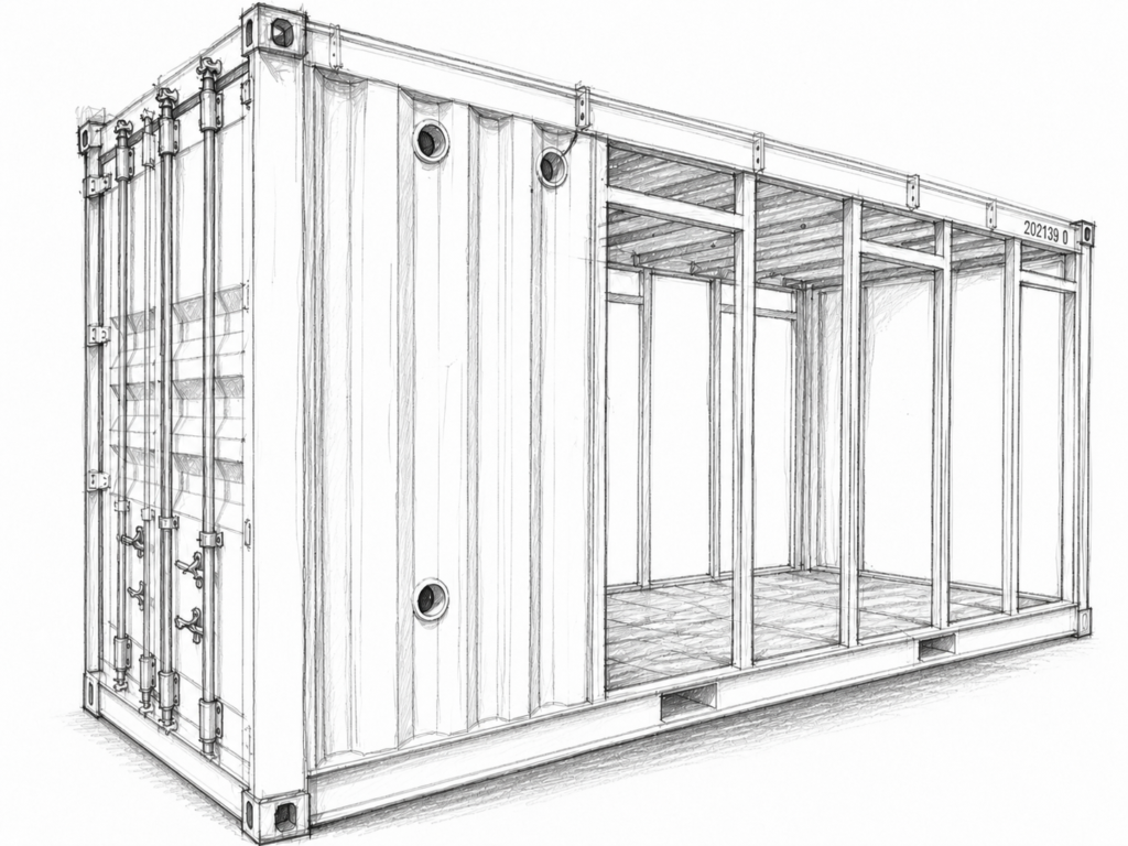 Sketch of a shipping container with the side removed, revealing interior framing and plywood floor.