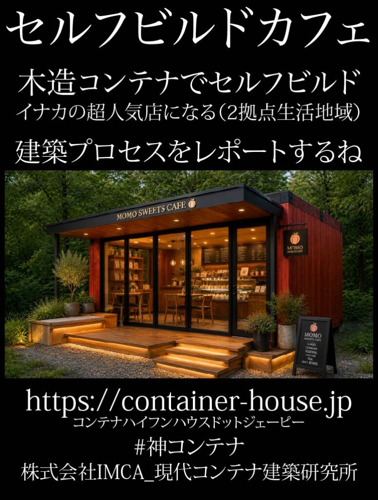 MOMO_shop - あなたがデザインする新しい建築のかたち Promotional collage with Japanese headlines over a lit wooden container cafe in a forest, plus the URL https://container-house.jp and caption text.