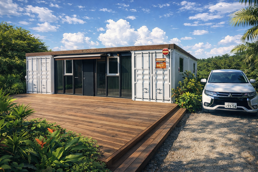 b93fb5e5-06a2-4cf9-8e66-c89e9867e175 - あなたがデザインする新しい建築のかたち White converted shipping-container home on a wooden deck with sliding glass doors, tropical plants surrounding it, and a white SUV parked to the right.
