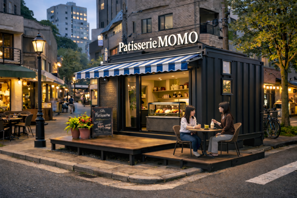 Two women sit at a small round table outside Patisserie MOMO on a city street at dusk.