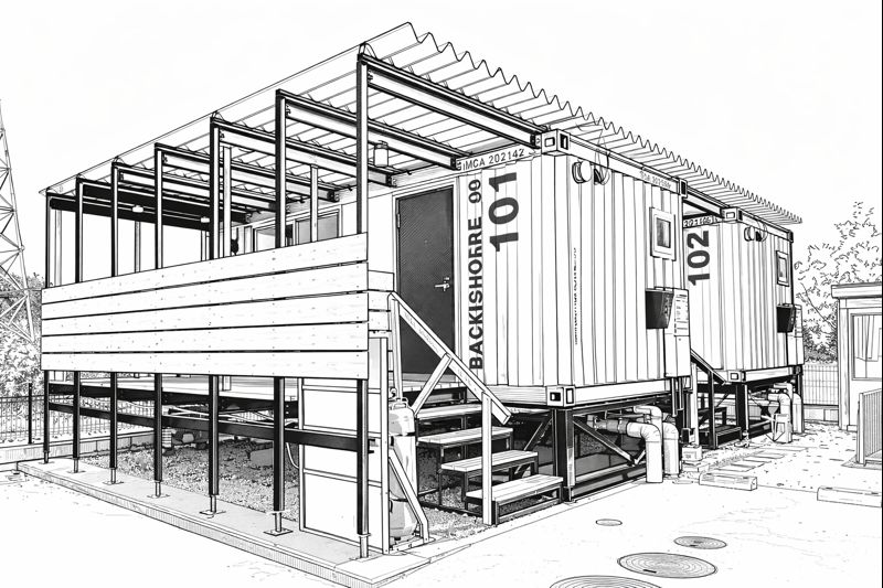 c1c2d778-e025-487d-bf63-d4182c4be228-md - あなたがデザインする新しい建築のかたち Modular steel-frame building on stilts at a construction site, with a stairway, exposed framing, and piping.