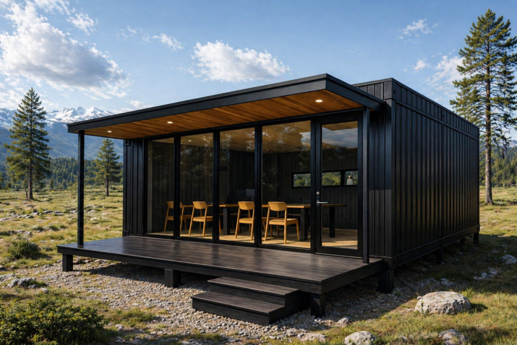 Black metal cabin with glass walls and a wooden deck in a grassy meadow, showing a dining table and yellow chairs inside.