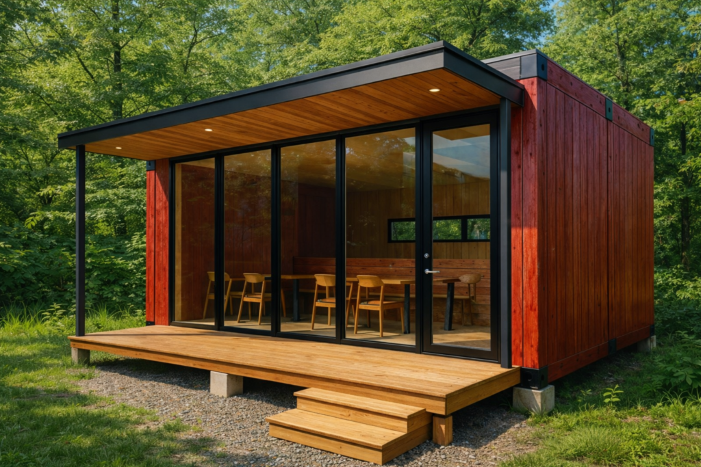 image - あなたがデザインする新しい建築のかたち Red wooden cabin with large glass doors and a wooden deck in a forest setting; interior seating is visible through the glass.