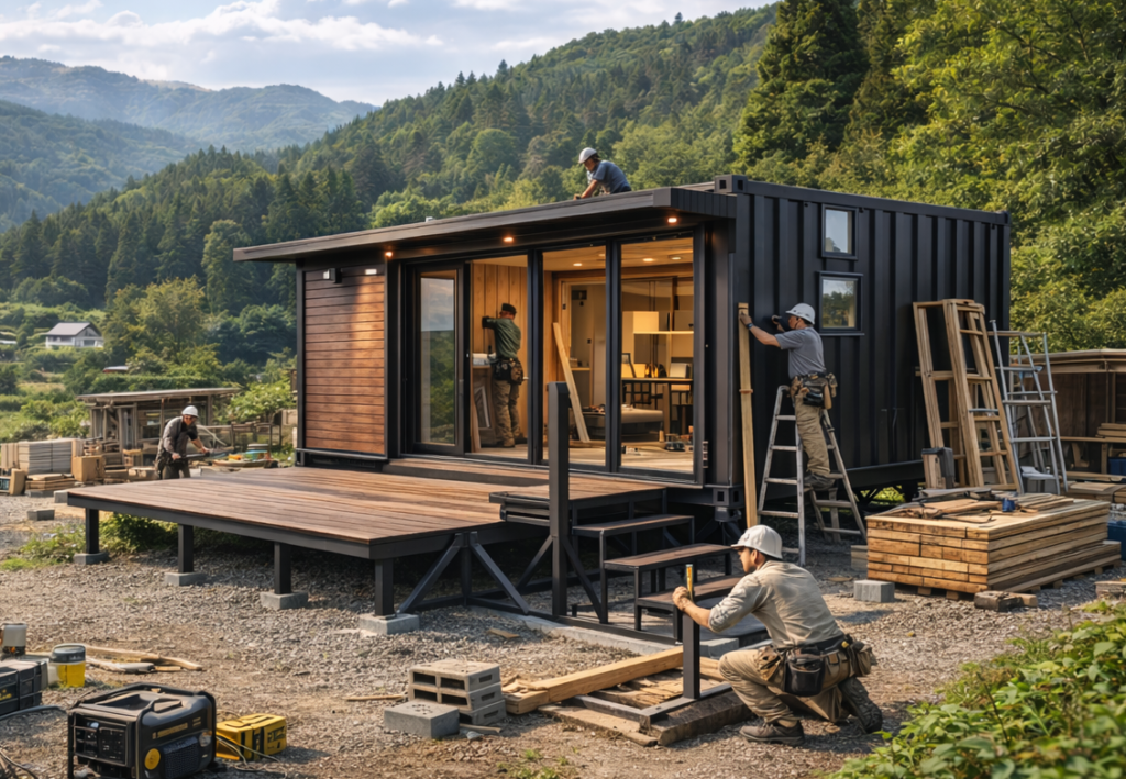 Modern tiny house under construction on a raised wooden deck in a forested mountain setting, with workers on site.